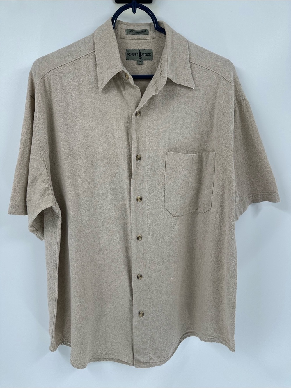 Robert Stock Linen Blend Short Sleeve Button Down Beige Sz XL Preppy